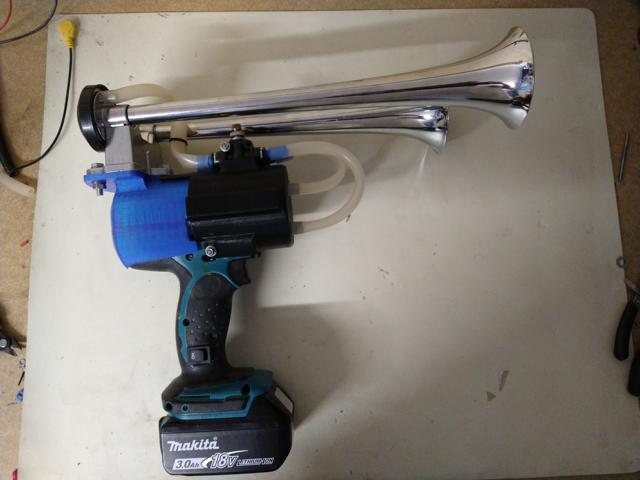 image finished electrical air horn on a cordless drill