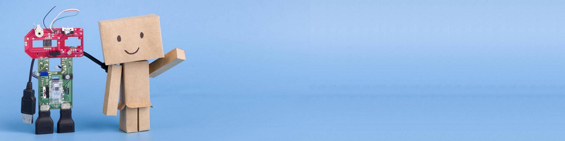 blue background with a small robot and a cartoon friend